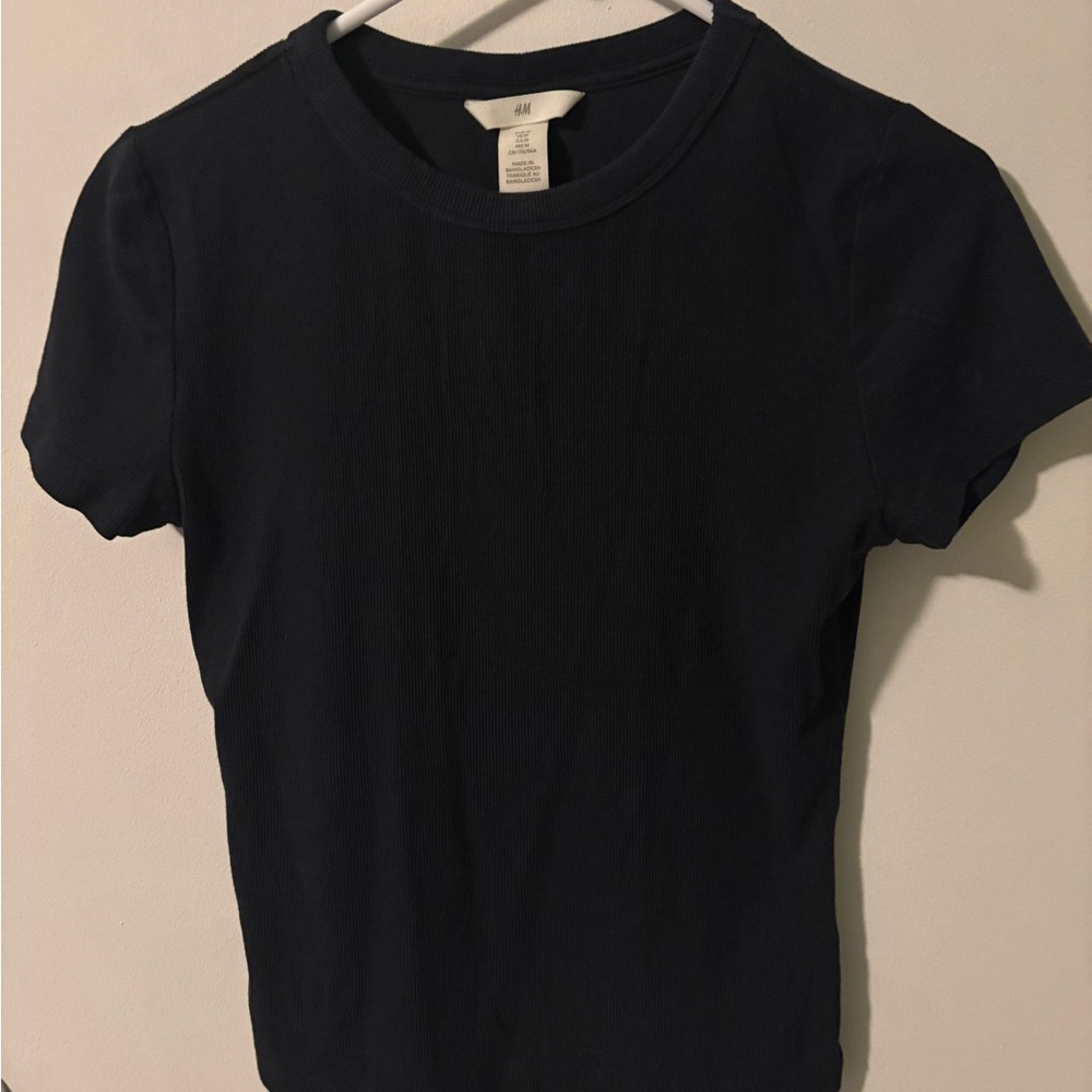 H&M Women's Short Sleeve Ribbed Tee - Dark Navy Blue